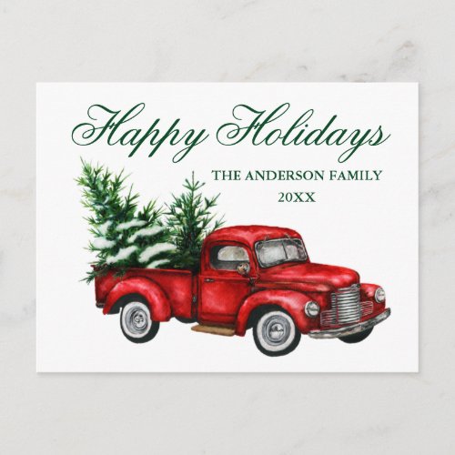 Watercolor Vintage Red Truck Happy Holidays Postcard