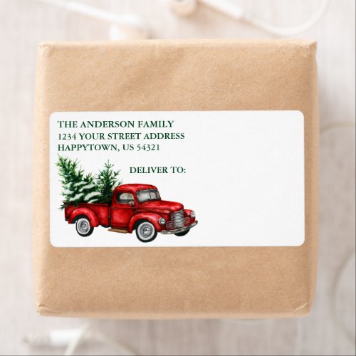 Watercolor Vintage Red Truck Holiday Shipping Label