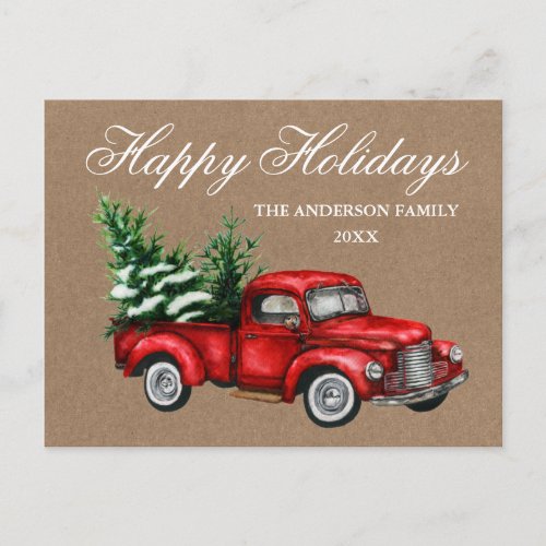 Watercolor Vintage Red Truck Kraft Happy Holidays Postcard