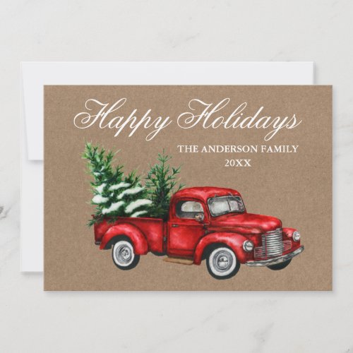 Watercolor Vintage Red Truck Kraft Holiday Card