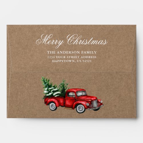 Watercolor Vintage Red Truck Kraft Merry Christmas Envelope