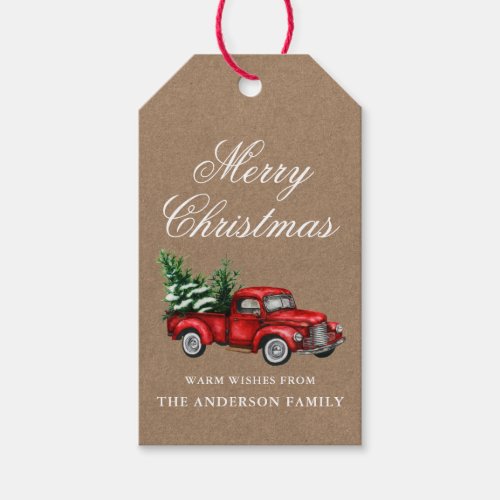 Watercolor Vintage Red Truck Kraft Merry Christmas Gift Tags