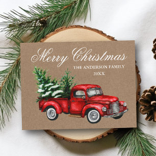 Watercolor Vintage Red Truck Kraft Merry Christmas Postcard