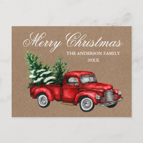 Watercolor Vintage Red Truck Kraft Merry Christmas Postcard