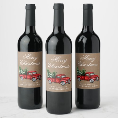 Watercolor Vintage Red Truck Kraft Merry Christmas Wine Label