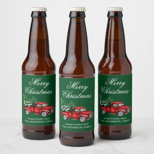 Watercolor Vintage Red Truck Merry Christmas Green Beer Bottle Label