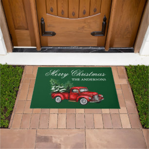 Watercolor Vintage Red Truck Merry Christmas Green Doormat
