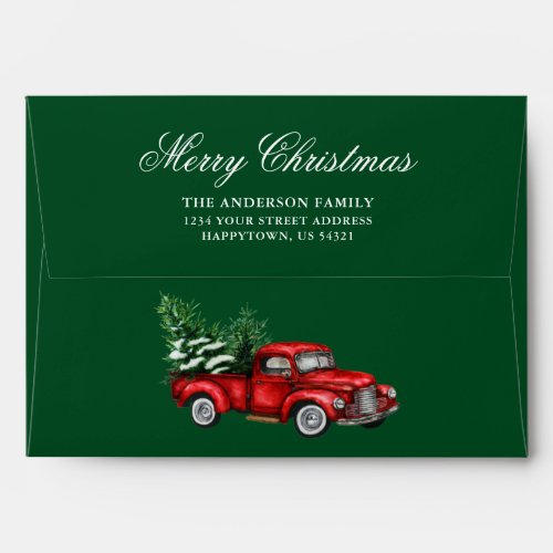 Watercolor Vintage Red Truck Merry Christmas Green Envelope