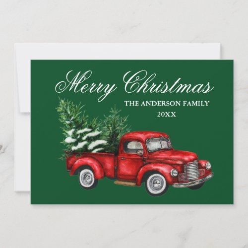 Watercolor Vintage Red Truck Merry Christmas Green Holiday Card