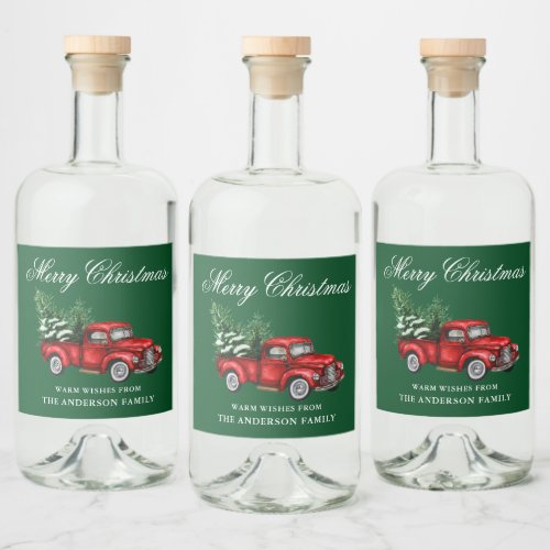 Watercolor Vintage Red Truck Merry Christmas Green Liquor Bottle Label