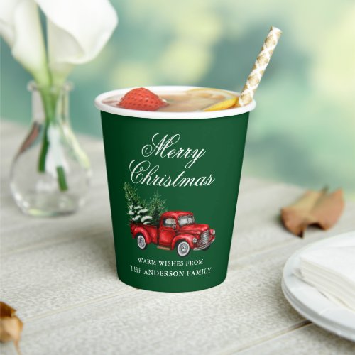 Watercolor Vintage Red Truck Merry Christmas Green Paper Cups