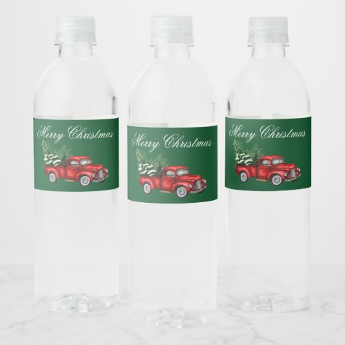 Watercolor Vintage Red Truck Merry Christmas Green Water Bottle Label