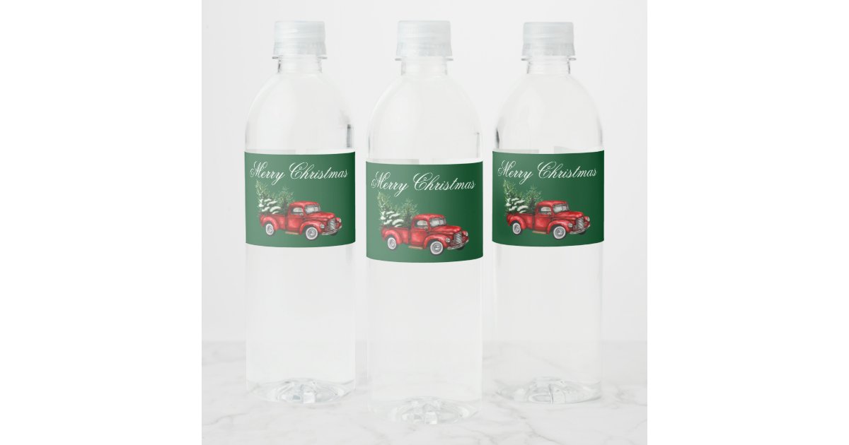 Watercolor Vintage Red Truck Merry Christmas Green Water Bottle Label |  Zazzle