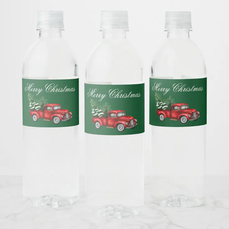 Watercolor Vintage Red Truck Merry Christmas Green Water Bottle Label |  Zazzle