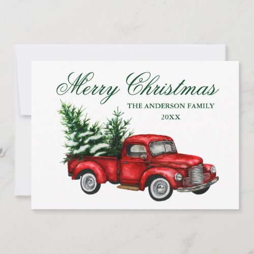 Watercolor Vintage Red Truck Merry Christmas Holiday Card