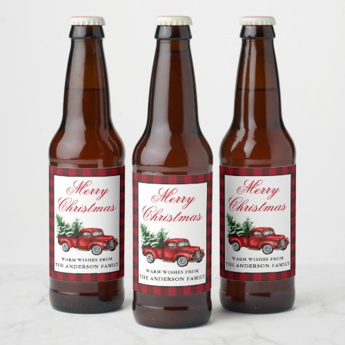 Watercolor Vintage Red Truck Merry Christmas Plaid Beer Bottle Label