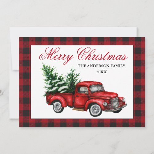 Watercolor Vintage Red Truck Merry Christmas Plaid Holiday Card