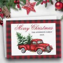 Watercolor Vintage Red Truck Merry Christmas Plaid
