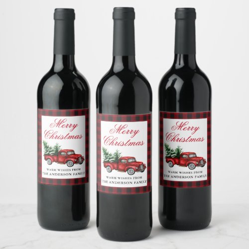 Watercolor Vintage Red Truck Merry Christmas Plaid Wine Label