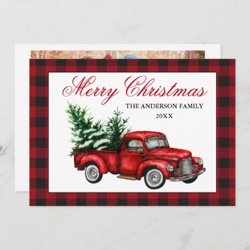 Watercolor Vintage Red Truck Photo Christmas Plaid Holiday Card