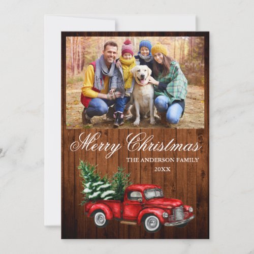 Watercolor Vintage Red Truck Photo Wood Christmas Holiday Card