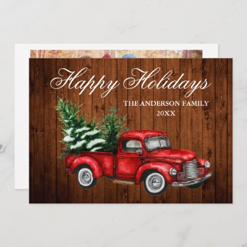 Watercolor Vintage Red Truck Photo Wood Holiday Card