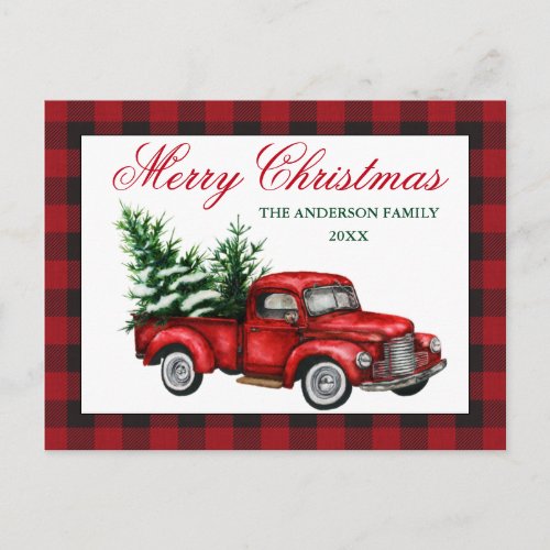 Watercolor Vintage Red Truck Plaid Merry Christmas Postcard