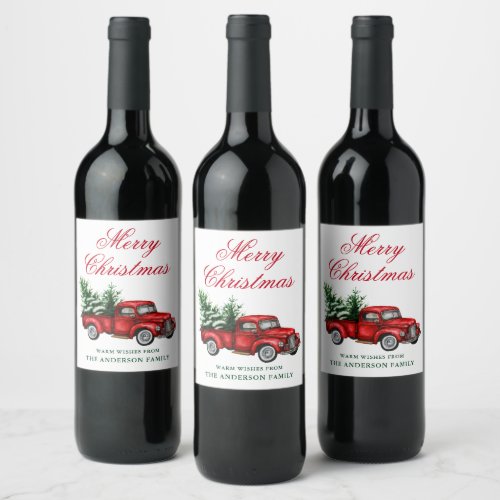 Watercolor Vintage Red Truck Tree Merry Christmas Wine Label