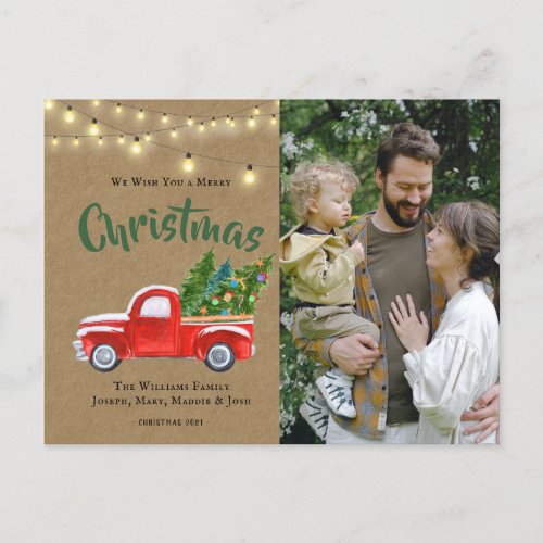 Watercolor Vintage Red Truck Tree Photo Holiday  P Postcard