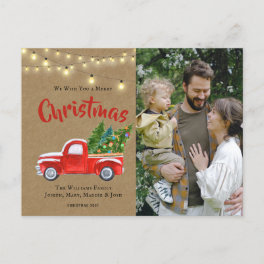 Watercolor Vintage Red Truck Tree Photo Holiday P Postcard