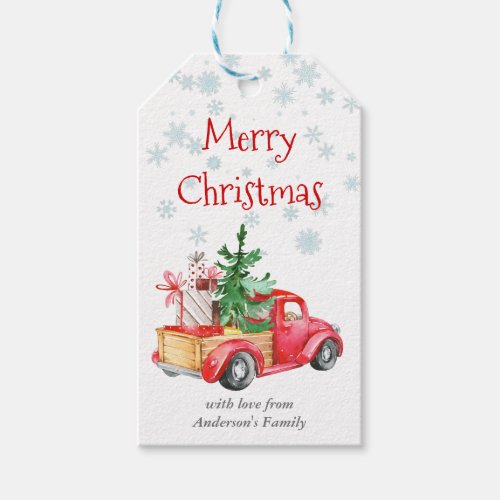 Watercolor vintage red truck with Christmas tree  Gift Tags