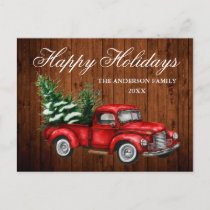Watercolor Vintage Red Truck Wood Happy Holidays Postcard