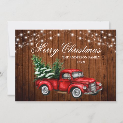 Watercolor Vintage Red Truck Wood Lights Christmas Holiday Card