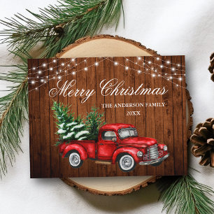 Watercolor Vintage Red Truck Wood Lights Christmas Postcard