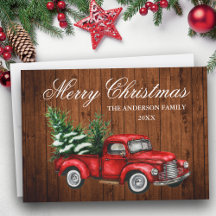 Watercolor Vintage Red Truck Wood Merry Christmas