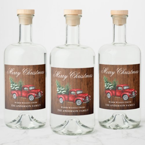 Watercolor Vintage Red Truck Wood Merry Christmas Liquor Bottle Label