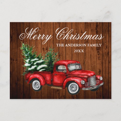 Watercolor Vintage Red Truck Wood Merry Christmas Postcard