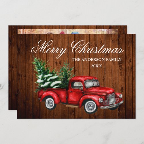 Watercolor Vintage Red Truck Wood Photo Christmas Holiday Card