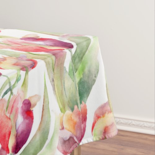 Watercolor Vintage Red Tulips Meadow Easter Tablecloth
