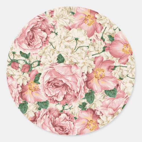 Watercolor Vintage Rose and Hydrangea Pattern Classic Round Sticker