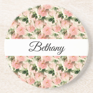 Watercolor Vintage Rose Flower Pattern Monogram Coaster