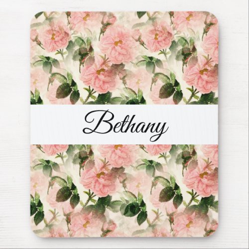 Watercolor Vintage Rose Flower Pattern Monogram    Mouse Pad