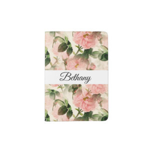 Watercolor Vintage Rose Flower Pattern Monogram Passport Holder
