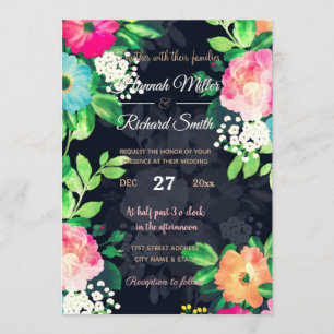 Watercolor Vintage Roses Floral Dark Blue Design Invitation