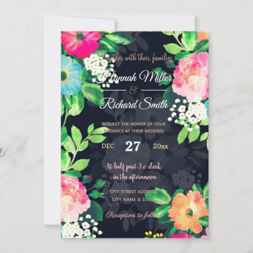 Watercolor Vintage Roses Floral Dark Blue Design Invitation