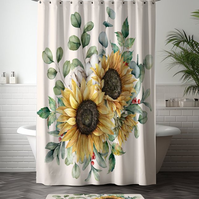 Watercolor Vintage Rustic Sunflower Shower Curtain (In situ bedroom)
