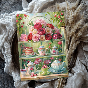 Watercolor vintage shabby chic tea table red roses tissue paper