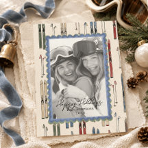 Watercolor Vintage Ski Family Photo Christmas