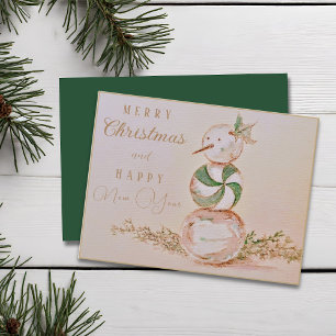 Watercolor Vintage Snowman Christmas New Year Postcard