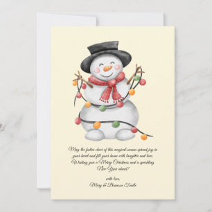 Watercolor Vintage Snowman with Lights Holiday Card